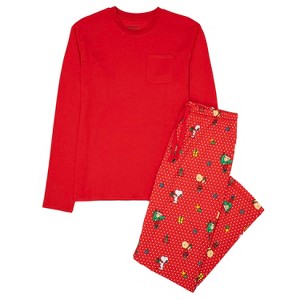 Mens' Cotton Snoopy Family Matching Pajamas 2-Piece Sets for Christmas with Woodstock Charlie Brown Linus, Valentine’s Day Gift for Him- PEANUTS - 1 of 4