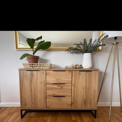 Reid Wood Metal 3 Drawer Sideboard Buffet Oak black Baxton