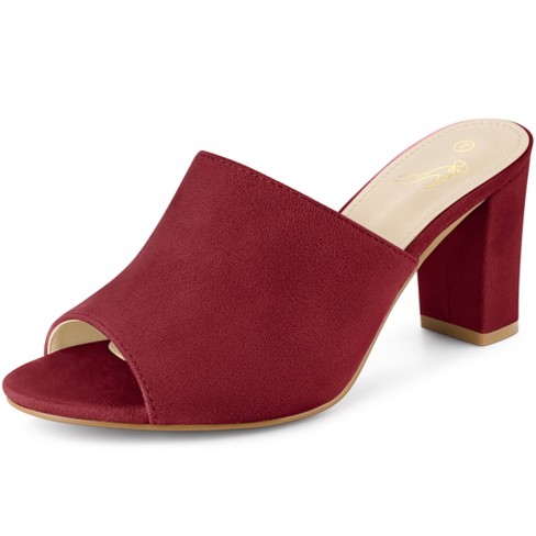 Red high cheap heel mules