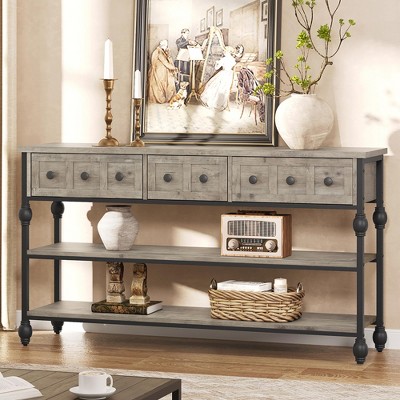 52" Console Table, Entryway Table with 3 Storage Drawers, 3 Tier Industrial Metal Sofa Table
