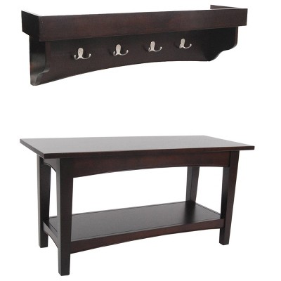 Shaker Cottage Tray Shelf Coat Hook with Bench Set Espresso - Alaterre Furniture