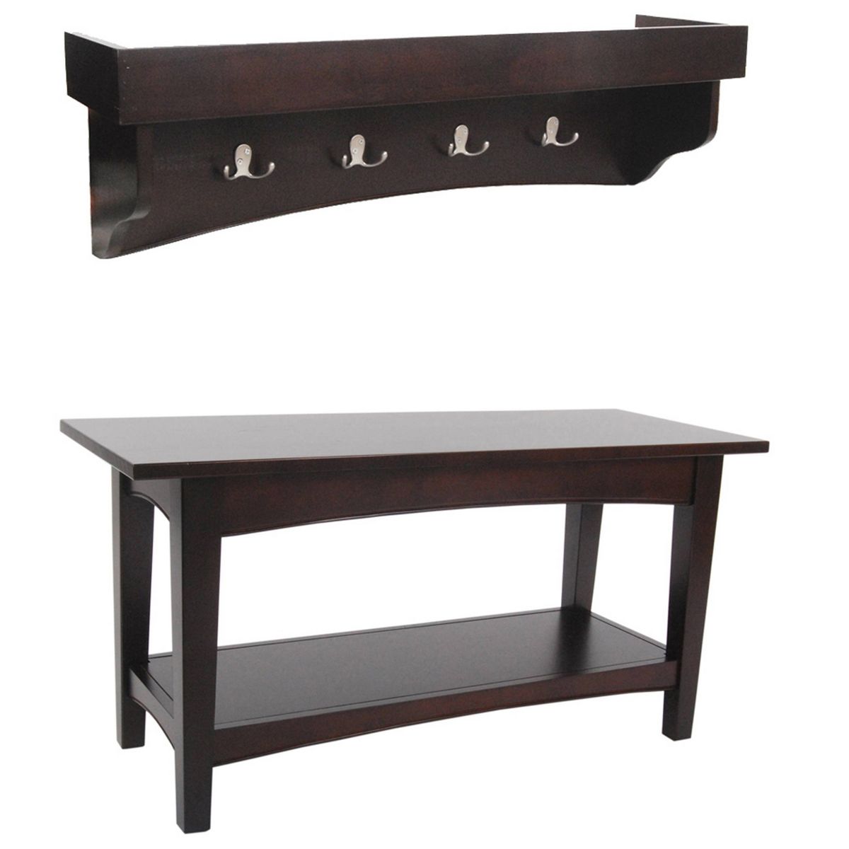 Alaterre Furniture Shaker Cottage Tray Shelf Coat Hook with Bench Set Espresso: Entryway Organizer, Wood Hall Tree