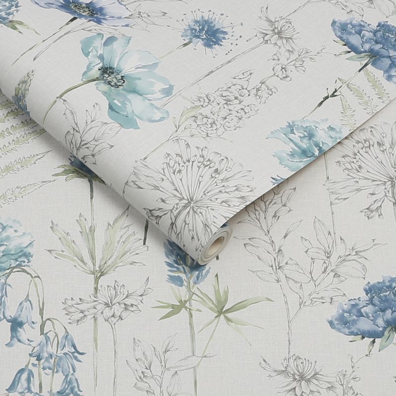 Floral Sketch Blue Wallpaper, 3 of 5