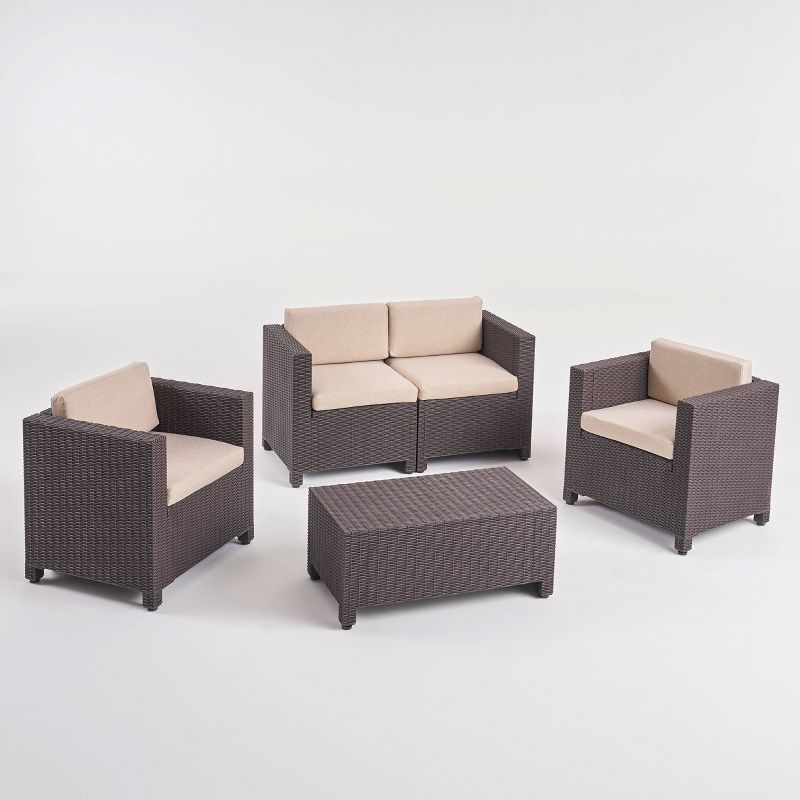 Waverly 4pc All Weather Faux Wicker Patio Chat Set - Dark Brown/Beige - Christopher Knight Home, 3 of 8