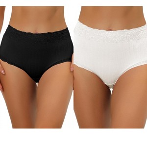 Allegra K Women's High Waist Tummy Control Comfortable Lace Trim Ribbed Brief 2 Packs - 1 of 4