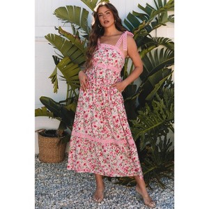 Pink Floral Lace Tied Strap Empire Waist Maxi Dress - 1 of 1
