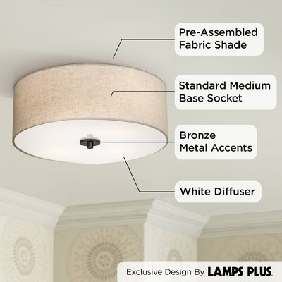 Bronze Flush Mount Ceiling Light with Oatmeal Drum Shade