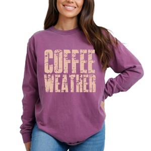 Coffee Weather Block Distressed - Women's Garment Dyed Long Sleeve Graphic T-Shirt - 1 of 4