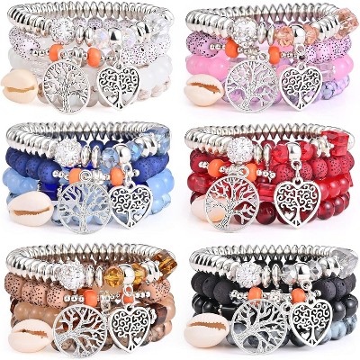 6 Sets Bohemian Stackable Stretch Bracelets Multi-color Boho Jewelry for Women with Various Charms