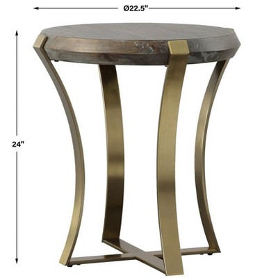 Round Brown Wood and Brass Metal Side Table