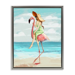 Stupell Industries Beach Woman Riding Pink Flamingo Floating Frame Canvas Art, Gray, 17" x 21" - 1 of 4