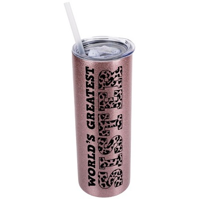 Elanze Designs Leopard Pattern Bubblegum Pink 20 Ounce Double Wall Stainless Steel Glitter Travel Tumbler With Sliding Lid And Straw, World's Greatest