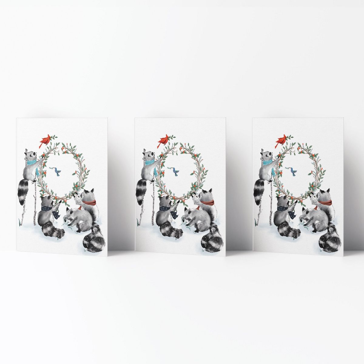 Winter/Holiday Greeting Card Pack Sets (3 ct) Raccoon Family Wreath by Ramus & Co