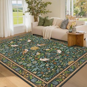 Washable Rugs for Living Room, Non Slip Floral Area Rugs, Low Pile Stain Resistant Botanical Bird Soft Carpet - 1 of 4