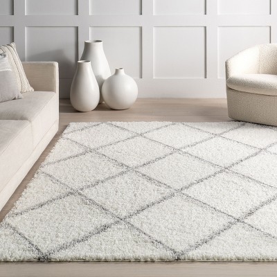 Plush White Geometric Shag 63" Square Area Rug