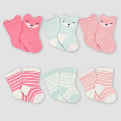 Image of Gerber Baby Girls' 6pk Jersey Wiggle Proof Fox Socks - Light Blue/Orange