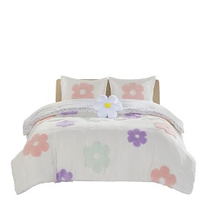 Gracie Mills Eubert Colorful Floral Reversible Chenille Comforter Set with Flower Throw Pillow - 1 of 4
