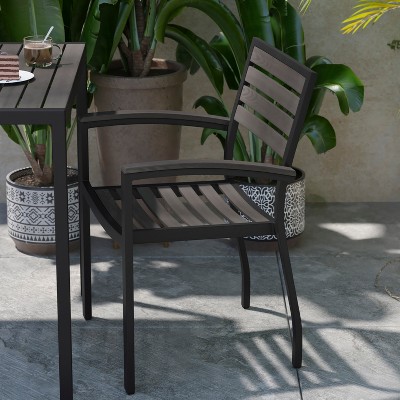All-Season Gray Faux Teak & Black Aluminum Patio Chair Pair