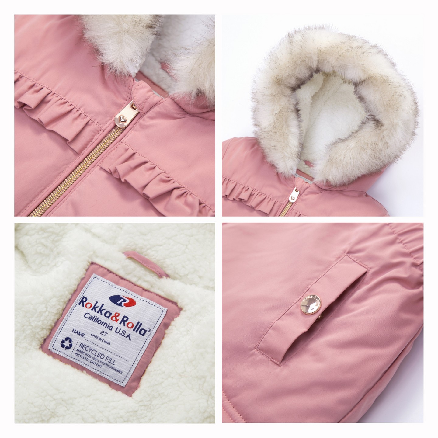 Куртка Rokka&Rolla Fleece Lined Parka Jacket Puffer Coat-Rose Pink, size 4T для девочек, цвет: Розовый — фото 7
