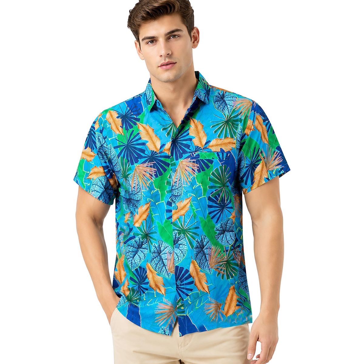 LA LEELA Men's Hawaiian Short Sleeve Button Down Shirt Mens Casual Shirts Holiday Tropical Beach Summer Party Shirts for Men Funny 5XL Blue, Leaf