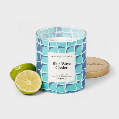 2-Wick 15oz Glass Jar Candle with Patterned Sleeve Blue Wave Cooler - Opalhouse&#8482;