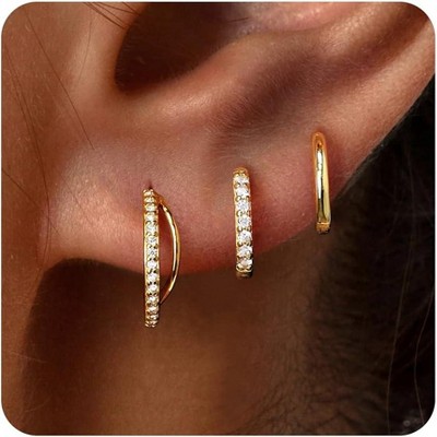 Small Sterling Silver Huggie Hoop Earrings Set for Women, 14K Gold Plated Hoops Stacks for Multiple Piercings