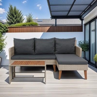 YOOCOZZ 3-Piece Outdoor Rattan Sectional Sofa Set with Acacia Wood Legs and Tabletop - Grey