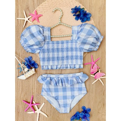 Mia Belle Girls Blue Skies Gingham Puff Sleeve Two-Piece Swimsuit Mia Belle Girls, Blue, 10 — фото 3
