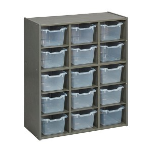ECR4Kids Streamline 15 Cubby Tray Cabinet with 15 Scoop Front Storage Bins, 5x3, Grey Wash - 1 of 4