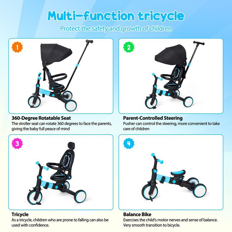 Whizmax 7-in-1 Baby Tricycle, Foldable Toddler Tricycle with Removable and Adjustable Parent Handle, Removable Pedal(Blue), 4 of 8