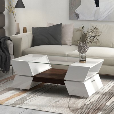 Wooakway 6mm Glass-Top Coffee Table with Open Shelves, Cabinets, Geometric Style, Great Storage