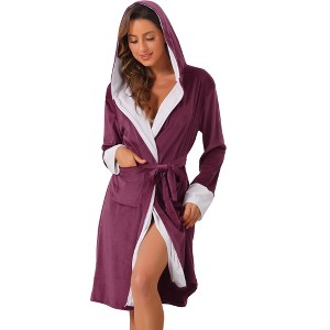 cheibear Women's Flannel Soft Hooded Fluffy Plush Long Spa Bathrobe with Belt - 1 of 4