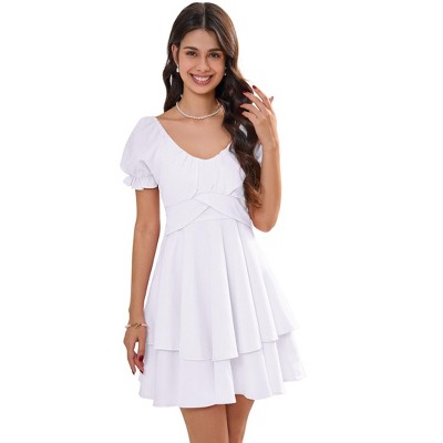 Clearlove Women's Mini Dress Layer Ruffle Hem Short Lantern Sleeve V Neck Dress A Line Casual Flowy Dress