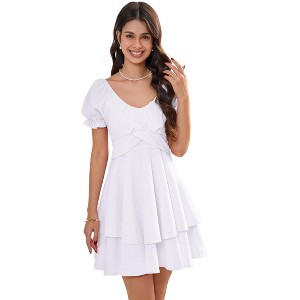 Clearlove Women's Mini Dress Layer Ruffle Hem Short Lantern Sleeve V Neck Dress A Line Casual Flowy Dress - 1 of 4