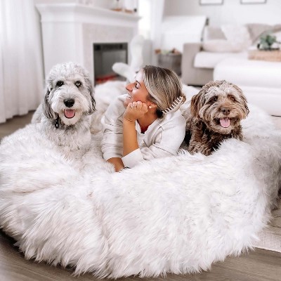 Human-Size White and Brown Faux Fur Memory Foam Dog Bed