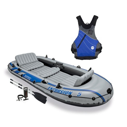 Intex Excursion 5 Person Inflatable Boat Set with 2 Aluminum Oars and Pump,  Intex 12V Transom Mount Boat Trolling Motor, and Intex Motor Mount Kit