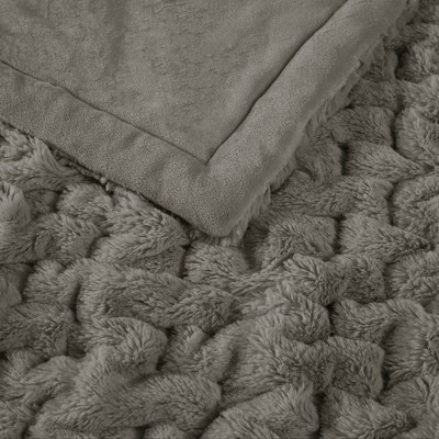 Gray Ruched Faux Fur Reversible Throw Blanket 50x60"