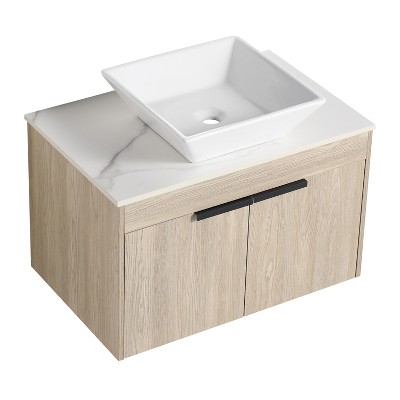 Vynxaria 42 in. Single Wall-Hung White Oak Plywood Bath Vanity with White Flat Stone Slab Ceramic Top KD-PACKING Ready to