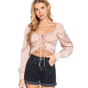 Slickblue Long Sleeve Woven Top for Women, Sweetheart Neck with Tie Detail, Casual to Dressy, Black/Pearl/Rust, S-L - 1 of 4