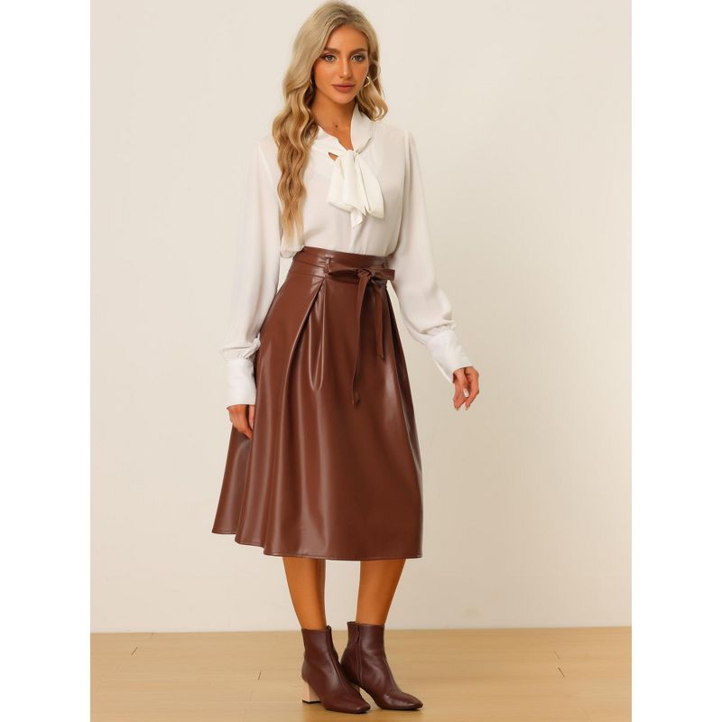 Allegra K Women's Faux Leather High Waist Belted A-line Flare Midi Skirts, 2 of 6