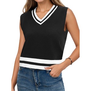 ATHLECHIC Women's Summer Knit Color Block Sleeveless V Neck Loose Fit Preppy Trendy Tank Tops - 1 of 4