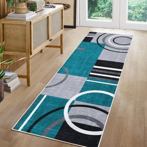 Modern Abstract Washable Area Rug, Non-Slip Stain-Resistant Low Pile Accent Carpet for Living Room, Bedroom, or Dining Room, Turquoise - 1 of 4