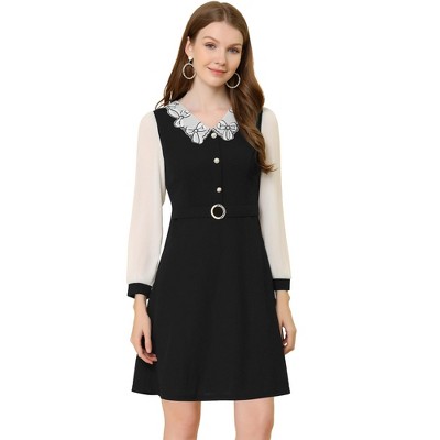 Allegra K Women's V Neck Button Decor Elegant Contract Panel Mini Dress