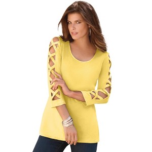 Roaman's Women's Plus Size Lattice-Sleeve Ultimate Tee - 1 of 4