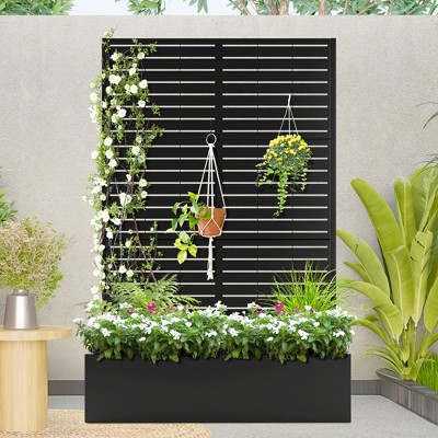 TOAOTBNBO Outdoor Planter Box with Square-Hole Trellis, Metal Raised Garden Bed for Climbing Plants, Galvanized Garden Box with Drainage Holes