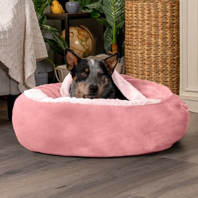 Medium Soft Pink Velvet Hooded Donut Pet Bed