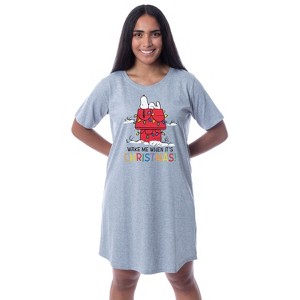 Peanuts Womens' Snoopy Wake Me Christmas Nightgown Sleep Pajama Shirt Grey - 1 of 4