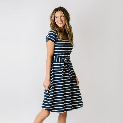 Hope & Henry Womens' Tie-waist Knit Dress (navy With White Stripe, 12 ...