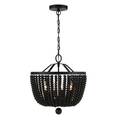 Mini Matte Black Crystal and Wood Bead 4-Light Chandelier