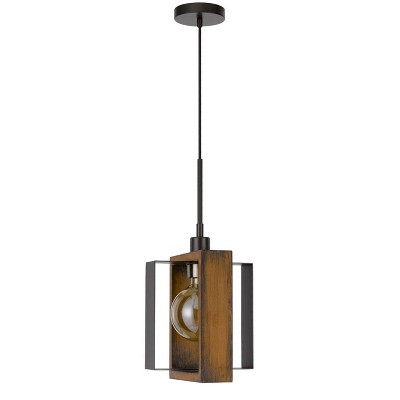 9" x 9" x 21.5" Agrigento Pine Wood and Metal Mini Pendant Brown/Black - Cal Lighting